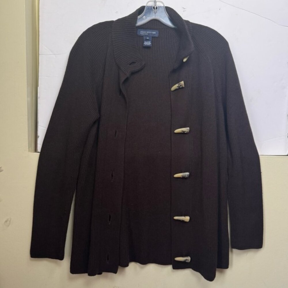 Jones NY Ribbed Wool Angora Cardigan Toggle Button Knit Sweater Jacket Top Tan M - Picture 11 of 16